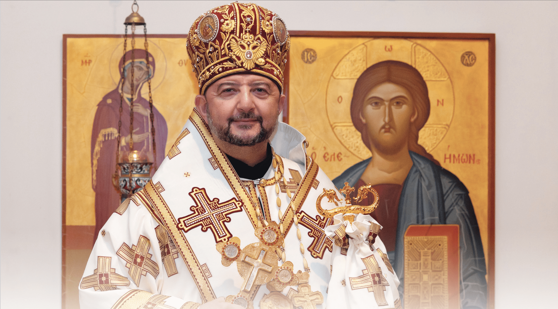 Bishop François Beyrouti in vestments before icons